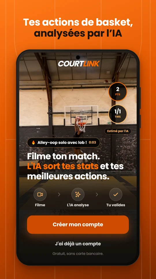 Écran d’accueil de CourtLink : un dunk filmé, avec les points et les tirs estimés par l’IA
